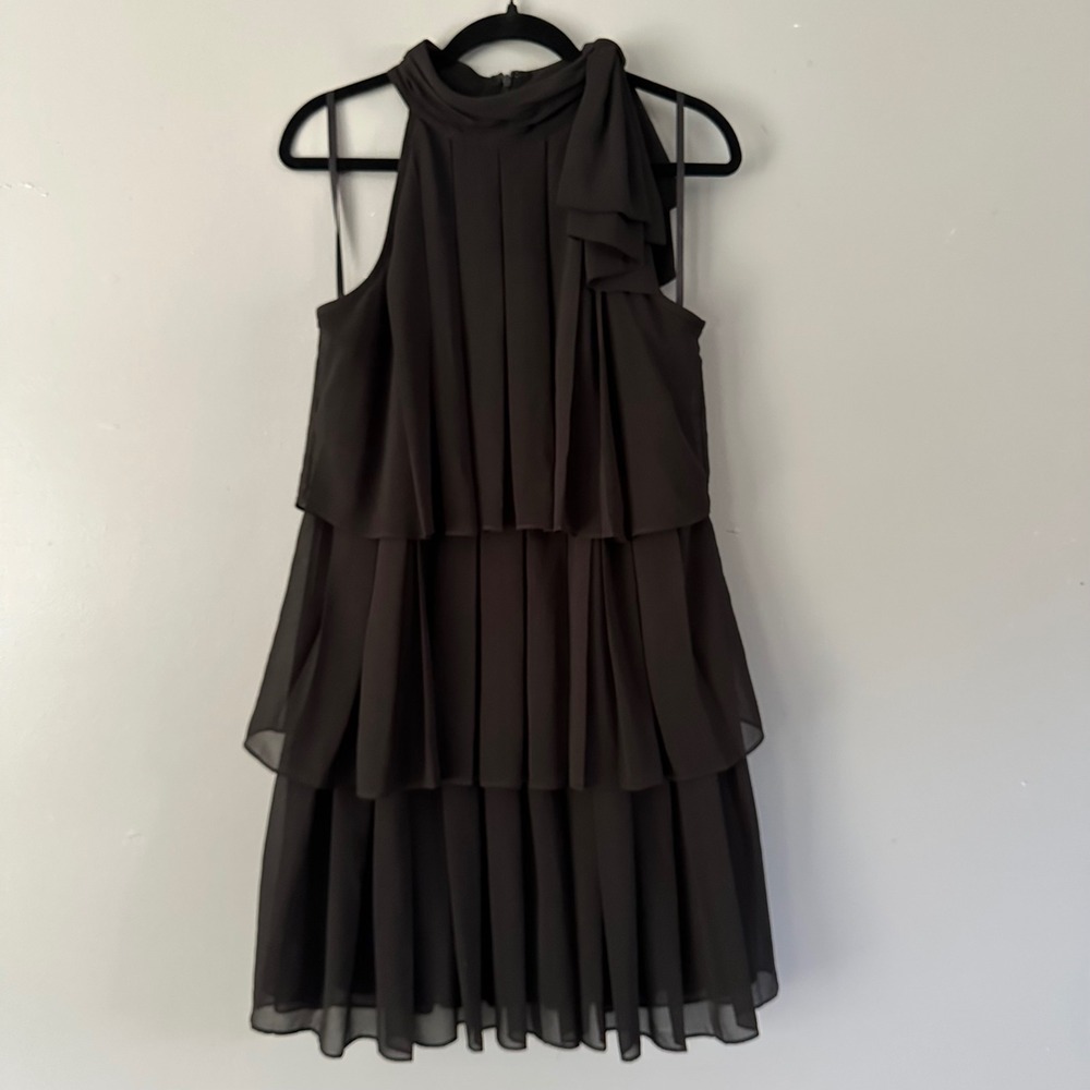 White House Black Market Pleated‎ Tiered Little Black Dress High Neck Bow MEDIUM